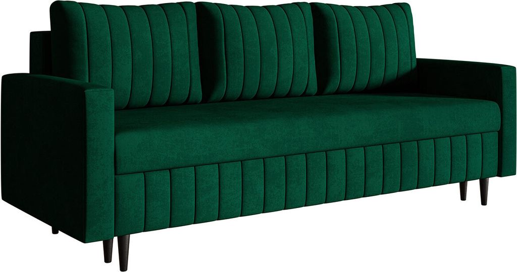Schlafsofa 215 cm Scandi - Sofa mit Schlaffunktion, Bettkasten, Farben zur Auswahl, Holzfüße (Grün - Kronos 19)