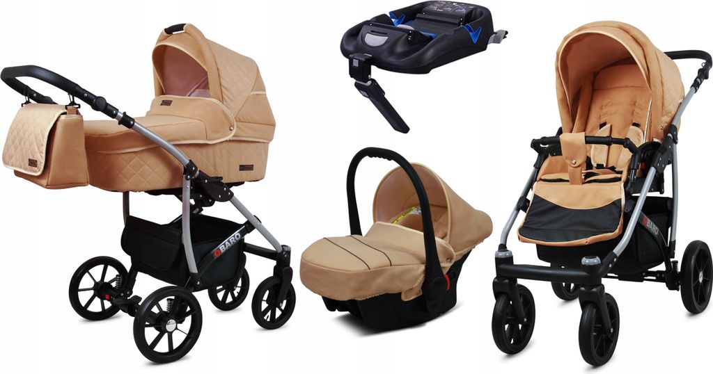 BabyLux Qbaro | 4in1 Kinderwagen Set | Beige | Kombikinderwagen | Kinderwagenset | Isofix-Basis