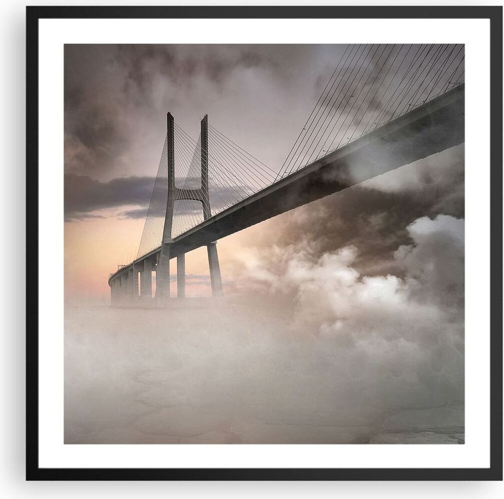 Gerahmtes Poster - Schwarzer Rahmen - Brücke Nebel Wasser - 60x60 cm - Wand Bild - Wanddeko - Wandbilder - Kunstposter - Wandposter - Bilderrahmen...