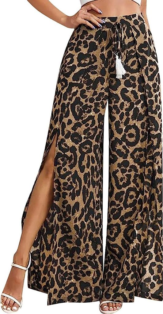 ASKSA Damen Druck Strandhose Sommerhose Wickelhose Weites Bein Hose Mit Schlitz Lose Sporthose Freizeithose, Braun, L