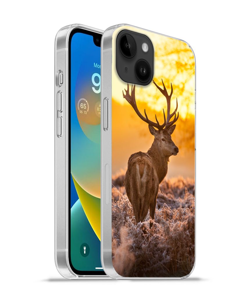 MuchoWow Handyhülle Schutzhülle Hülle für Apple iPhone 14 Plus - Soft case Hirsche - Tiere - Sonnenuntergang - Winter - Heidekraut - Natur Si...