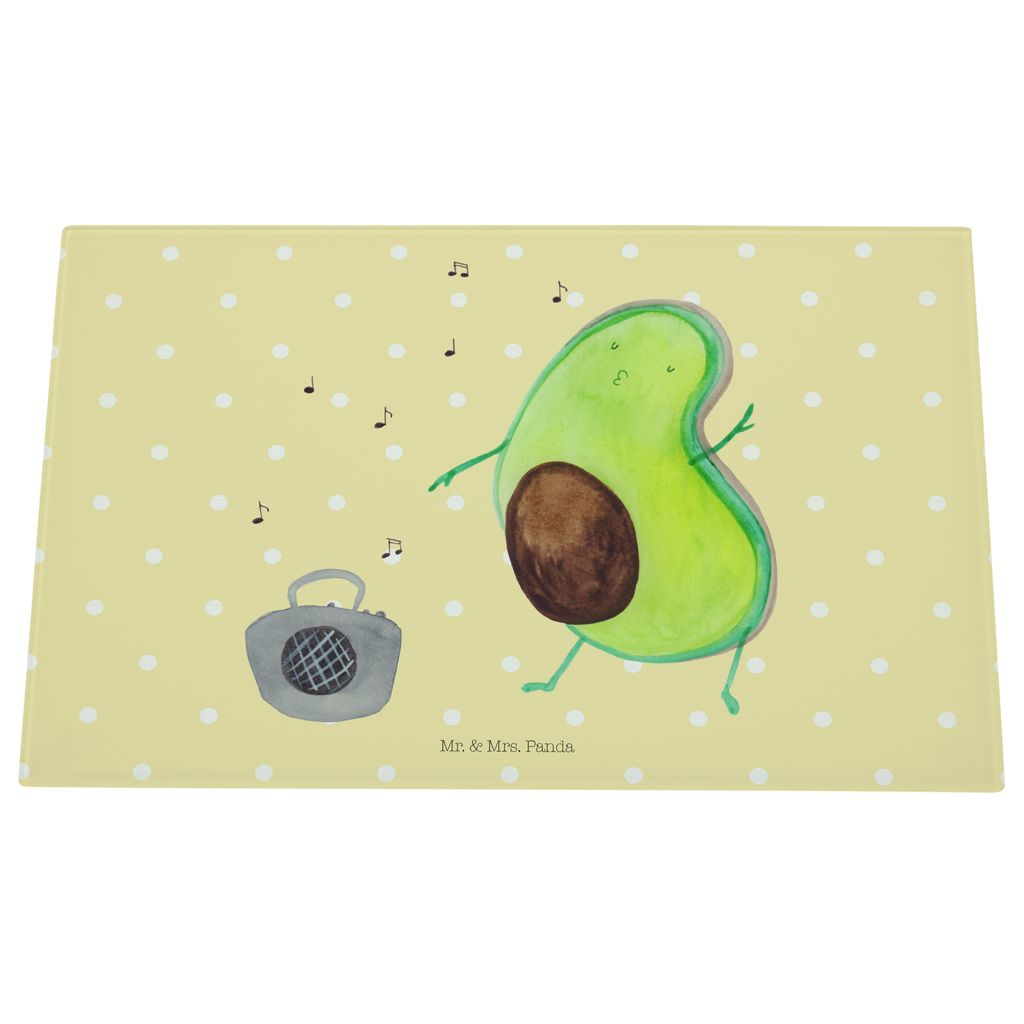 Mr. & Mrs. Panda Schneidebrett Glas Avocado Tanzen - Gelb Pastell - Geschenk, Glasschneidebrett, Party, Singen, Hackbrett, Musik, Aus, Schneidbrett...