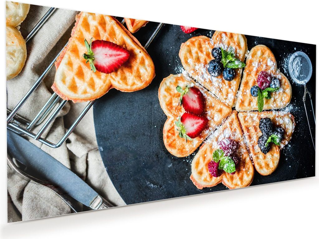 Glasbild Wandbild Waffeln mit Beeren 110x55cm in XXL für Wohnzimmer, Schlafzimmer, Badezimmer, Flur