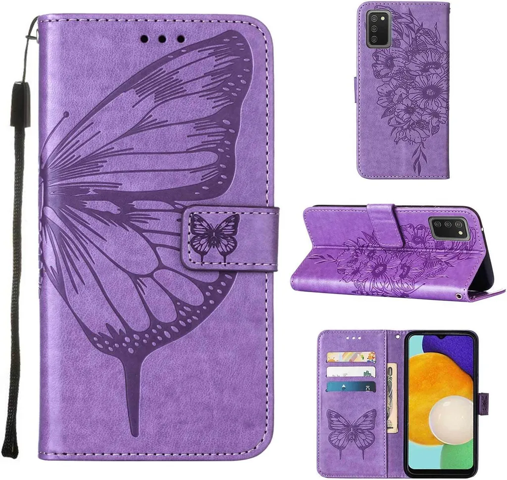 Custodia Samsung Galaxy A03S Viola Farfalla - Cover Pelle Portafoglio