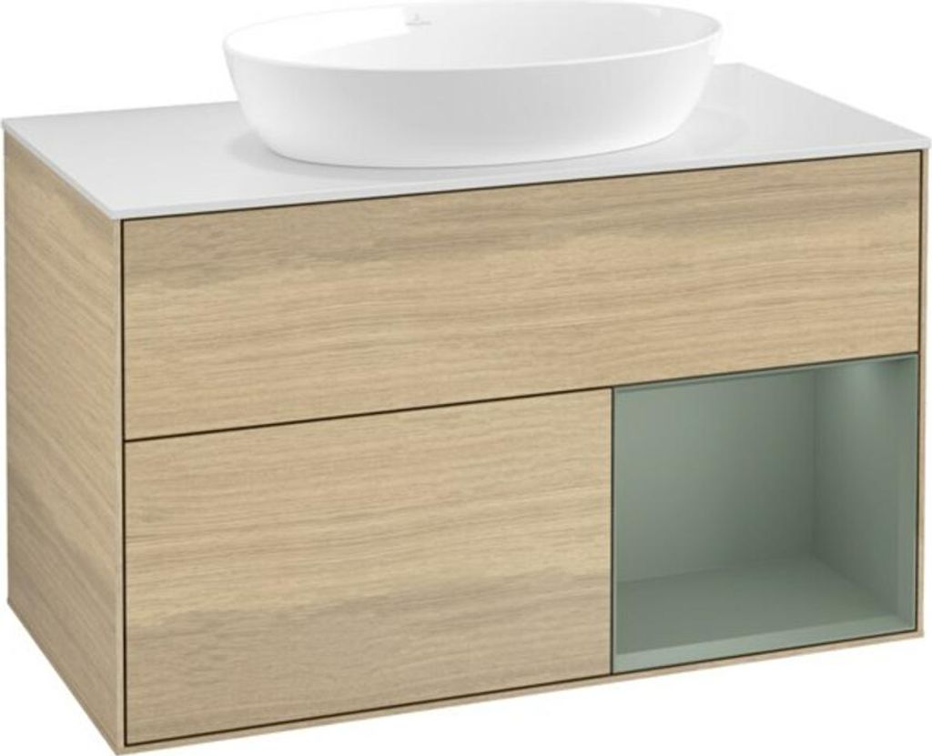 V&B Waschtischunterschrank Wandbeleuchtung Finion 100, Pl wh. m, Reg Oli. m Lac, Oa ven