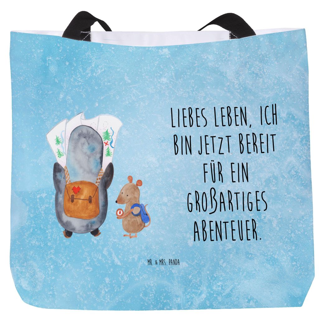 Mr. & Mrs. Panda Strandtasche Pinguin & Maus Wanderer - Eisblau - Geschenk, Schultasche, Tasche, Pinguine, Beutel, Laptoptasche, Wandern, Abenteuer...