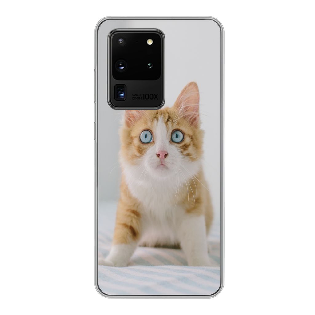 MuchoWow Handyhülle Schutzhülle Hülle für Samsung Galaxy S20 Ultra Kätzchen - Blau - Orange - Mädchen - Jungen - Kind Silikon Softcase Hand...