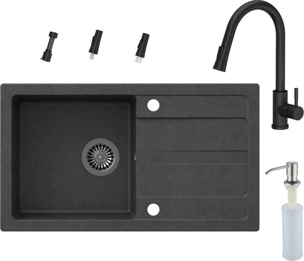 VBChome Spülbecken mit Armatur 77 x 44 cm Schwarz Einzelbecken Einbauspüle Abtroffläche Gesprenkelt Reversibel Granitspüle Siphon Spülmittelsp...