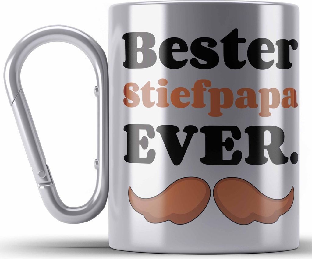 Trendation - Bester Stiefpapa Ever Geschenk Edelstahl Tasse Karabiner Stiefvater mit Spruch Vatertag Geburtstag Vatertagsgeschenk (Silber)