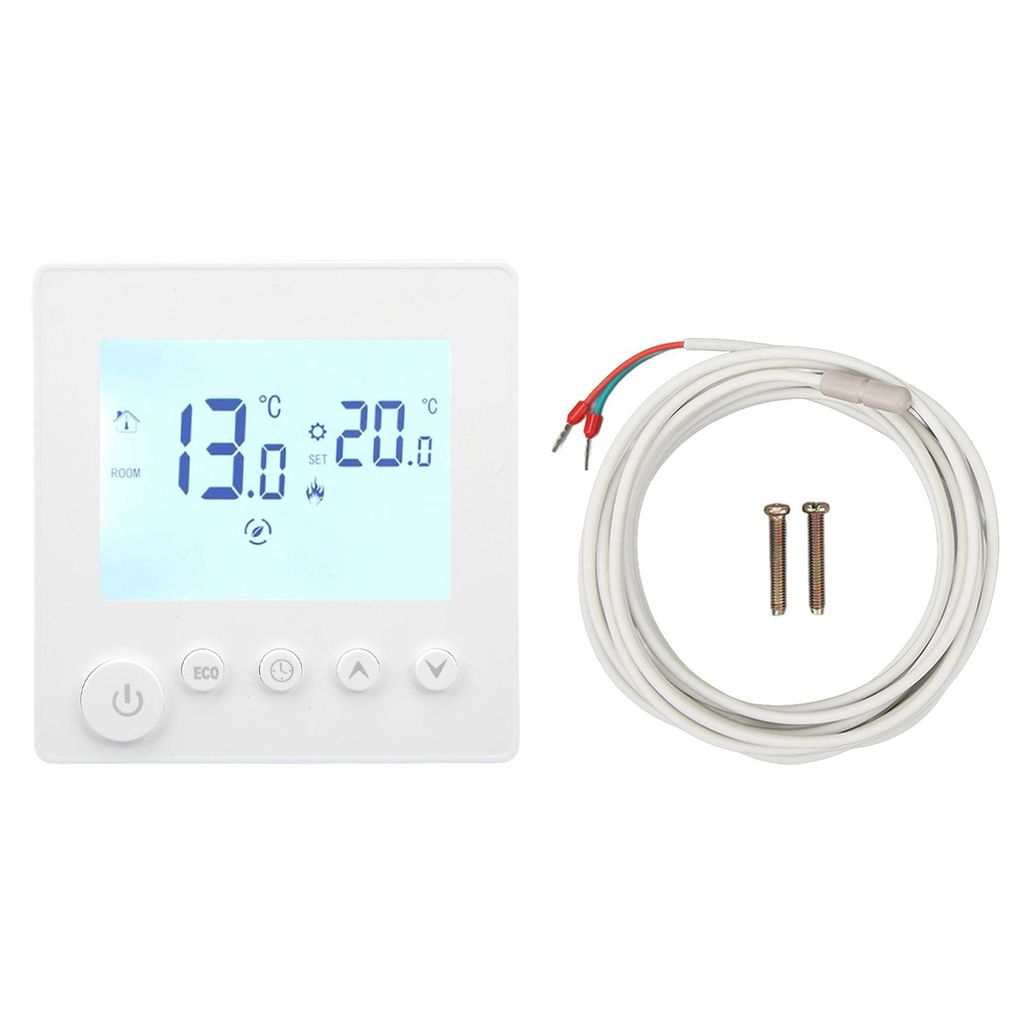 A digital thermostat and its accessories are shown against a white background.
