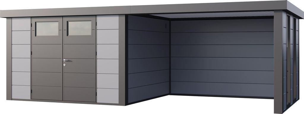 Telluria Metallgerätehaus Classico 3330 mit Lounge Anbau (ca. 450 cm Breite) inkl. 2 Fenstern lichtgrau Lounge-Anbau rechts