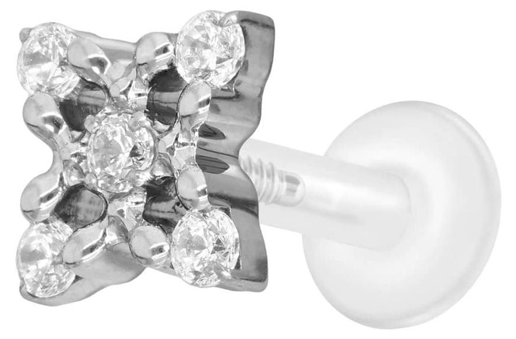 Ohrpiercing, Nasenpiercing PTFE Labret mit Innengewinde + Titan-Aufsatz KRISTALLBLUME Silber Stablänge: 6mm | Stabstärke: 1,6mm