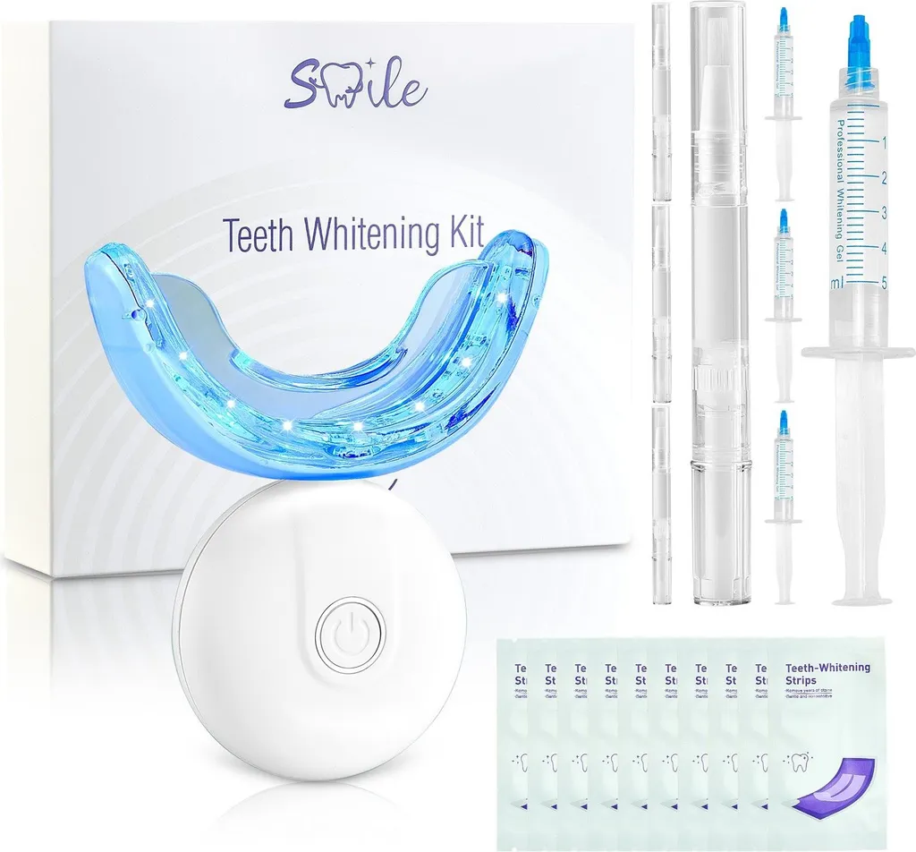 Kit sbiancante per denti - Sbiancamento dentale LED senza fili - Bocchino a forma di U - Strisce e penne sbiancanti - Rapido ed efficace contro le macchie - Portatile