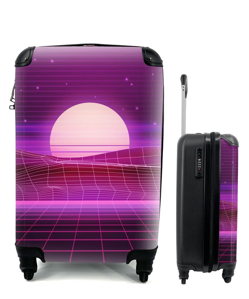 MuchoWow Koffer Handgepäck Trolley Rollkoffer Kleine Reisekoffer mit 4 Rollen - Spiele - Neon - Retro - Lila - Sonne - Spiele - Cabin Size < 55x...
