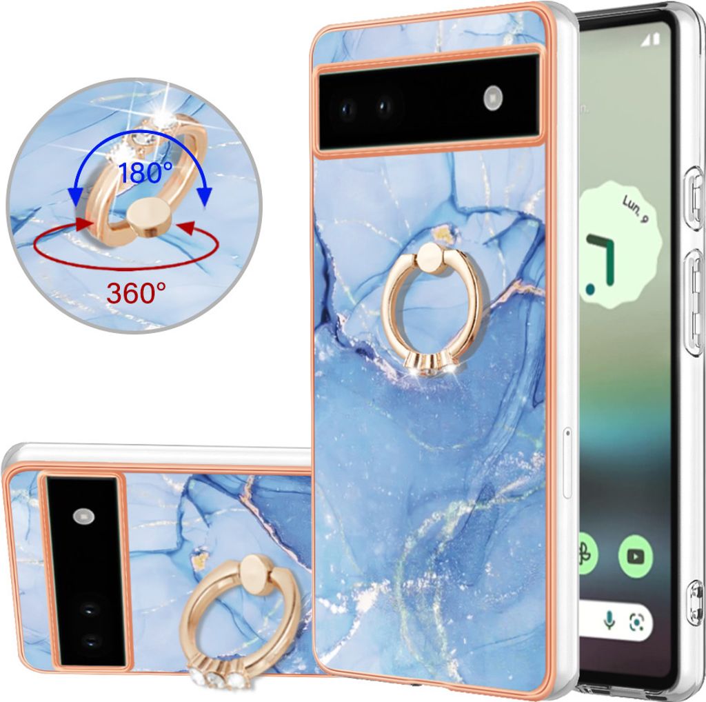 Google Pixel 6A Hülle, Muster TPU Silikon Stoßdämpfer Bumper Schutzhülle mit Ring Ständer für Google Pixel 6A Blau