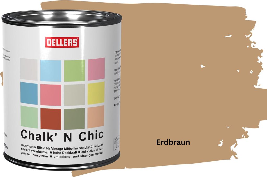 OELLERS Chalk 'N Chic Kreidefarbe Erdbraun 1L matt – für Shabby-Chic-Look & Vintage-Stil auf Holz, Beton, Raufaser, Gipskarton uvm.