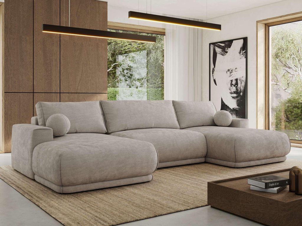 MKS MEBLE Ecksofa XXL Wohnlandschaft RINA U-Form Ecksofa mit Schlaffunktion & Wellenfederung, DL-Schlaffunktion - Hellgrau Schenille glatt