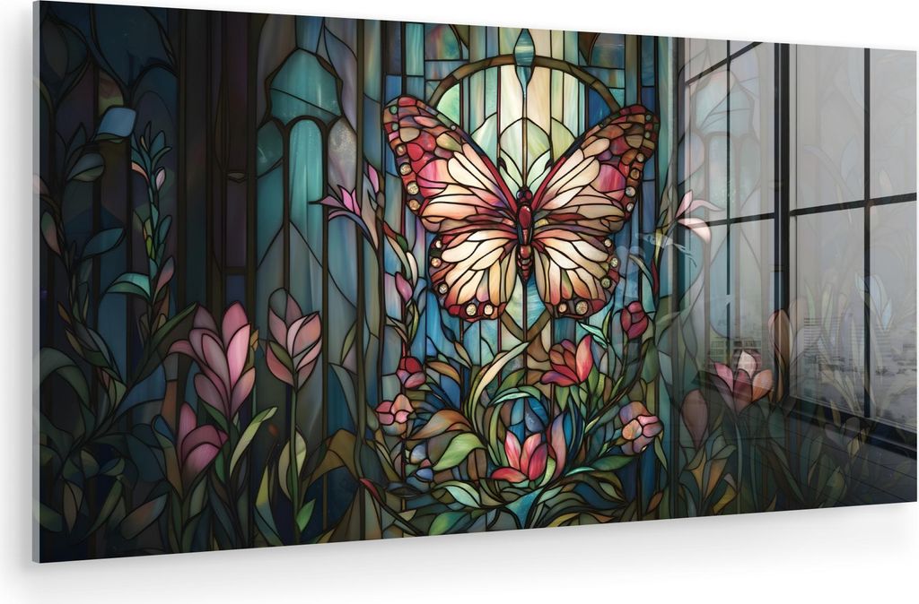 MuchoWow Glasbilder - Bilder auf Wandbild - Foto auf Glas Schmetterling - Rosa - Blumen - Blätter 80x40 cm Wanddekoration aus Glas - Acrylglasbild...