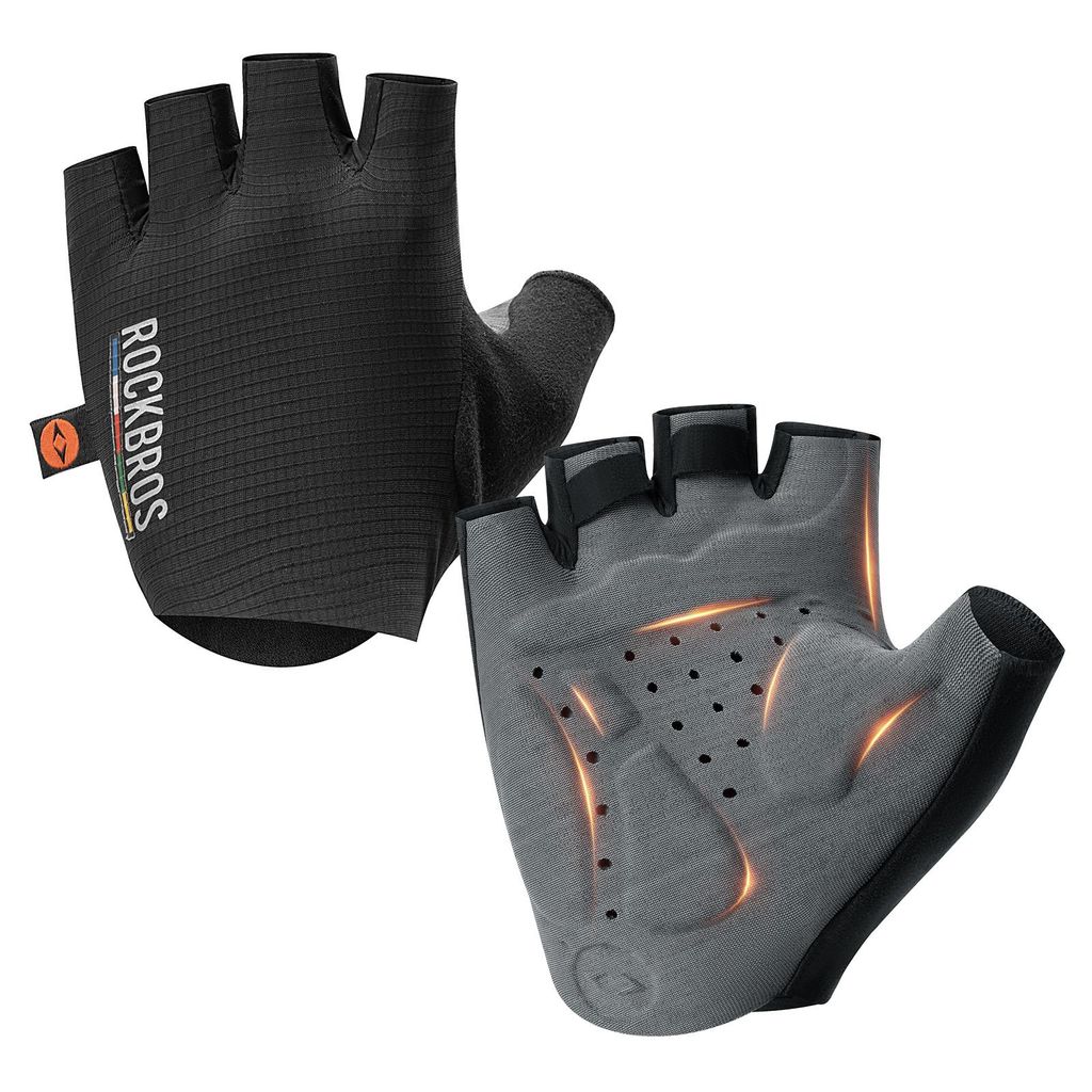 ROCKBROS Road to Sky Fahrradhandschuhe Halbfinger, Gepolsterte Handschuhe, Atmungsaktiv für Herren Damen Outdoor MTB Fitness Training Schwarz L
