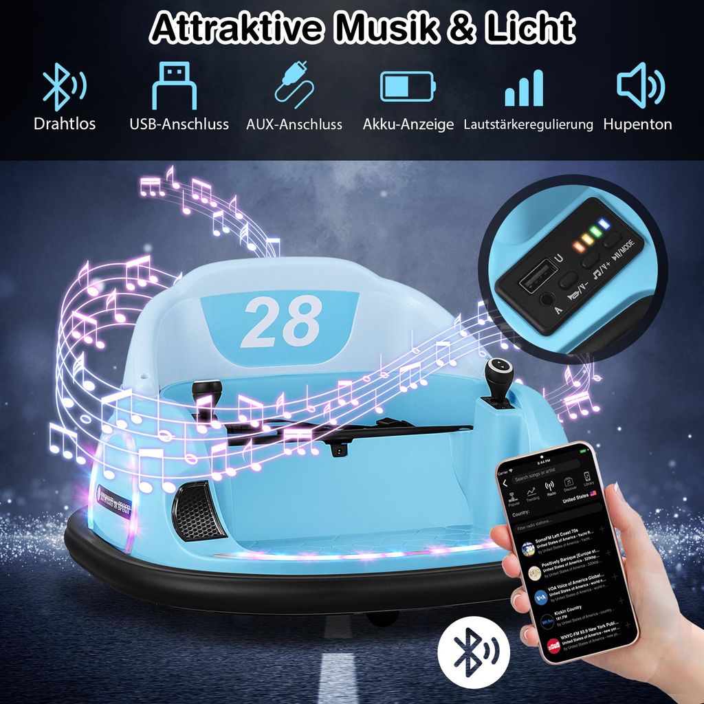 Auto Tamponneuse Enfants Voiture Électrique 12V avec Télécommande & Double Joysticks Rotation à 360° Connexion Sans Fil pour 3+ Ans Bleu