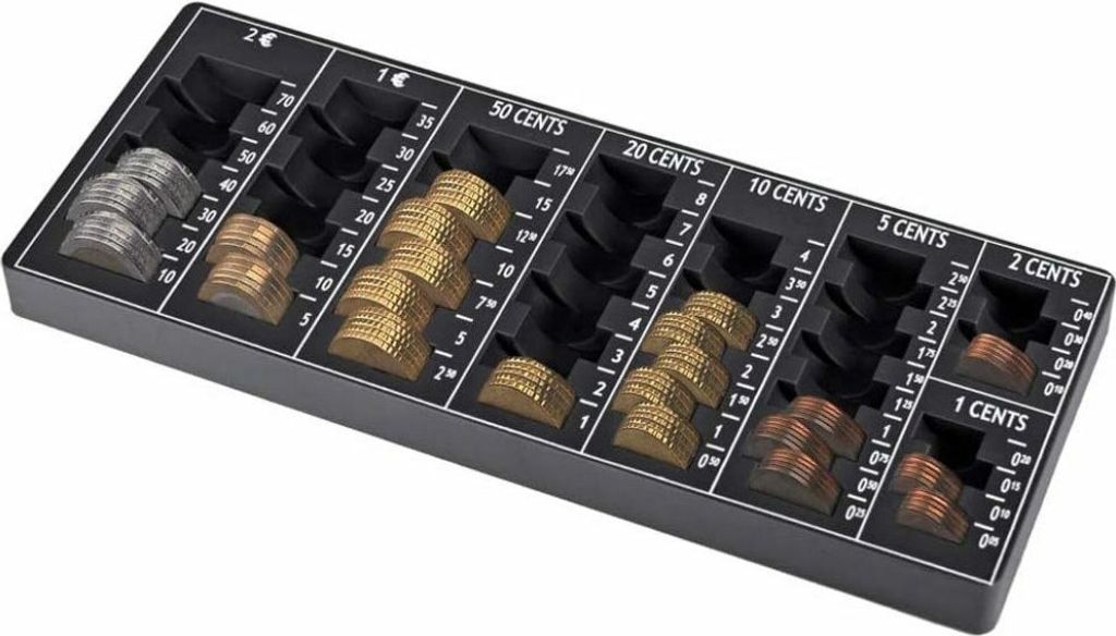 A coin sorting tray filled with various denominations of coins.