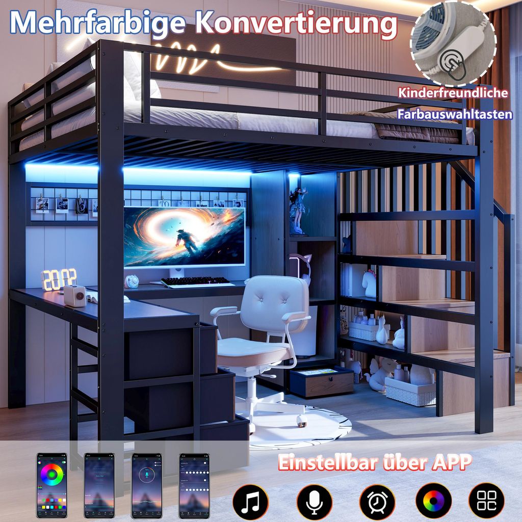 okwish Hochbett 140×200 mit Schreibtisch und Produktbild 