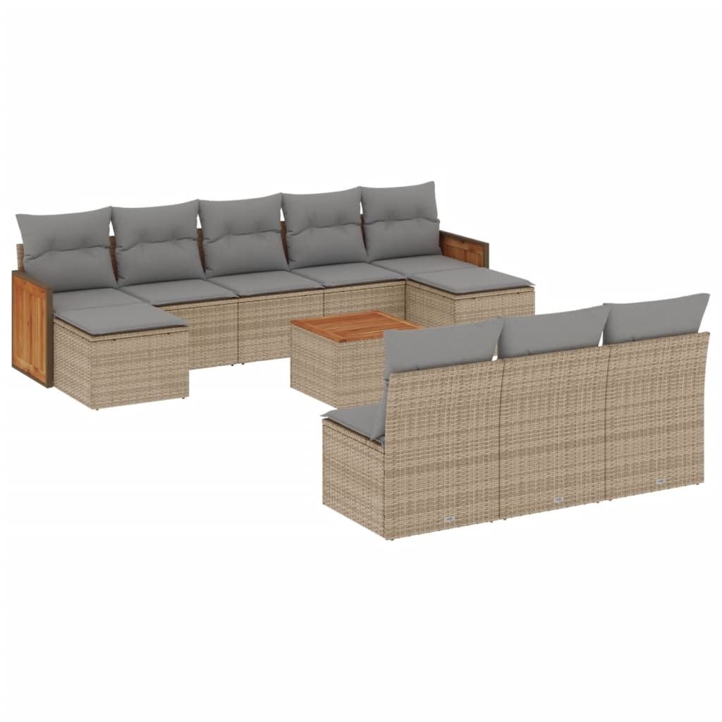 11-tlg. Garten-Sofagarnitur, Modulares Lounge-Set mit Kissen, Beige Poly Rattan & Akazienholz, UV-beständig, Abnehmbare Bezüge