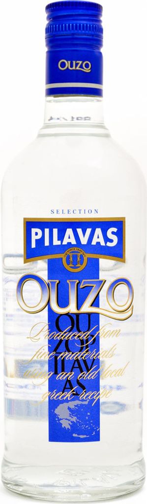 A bottle of Ouzo Pilavas on a white background.