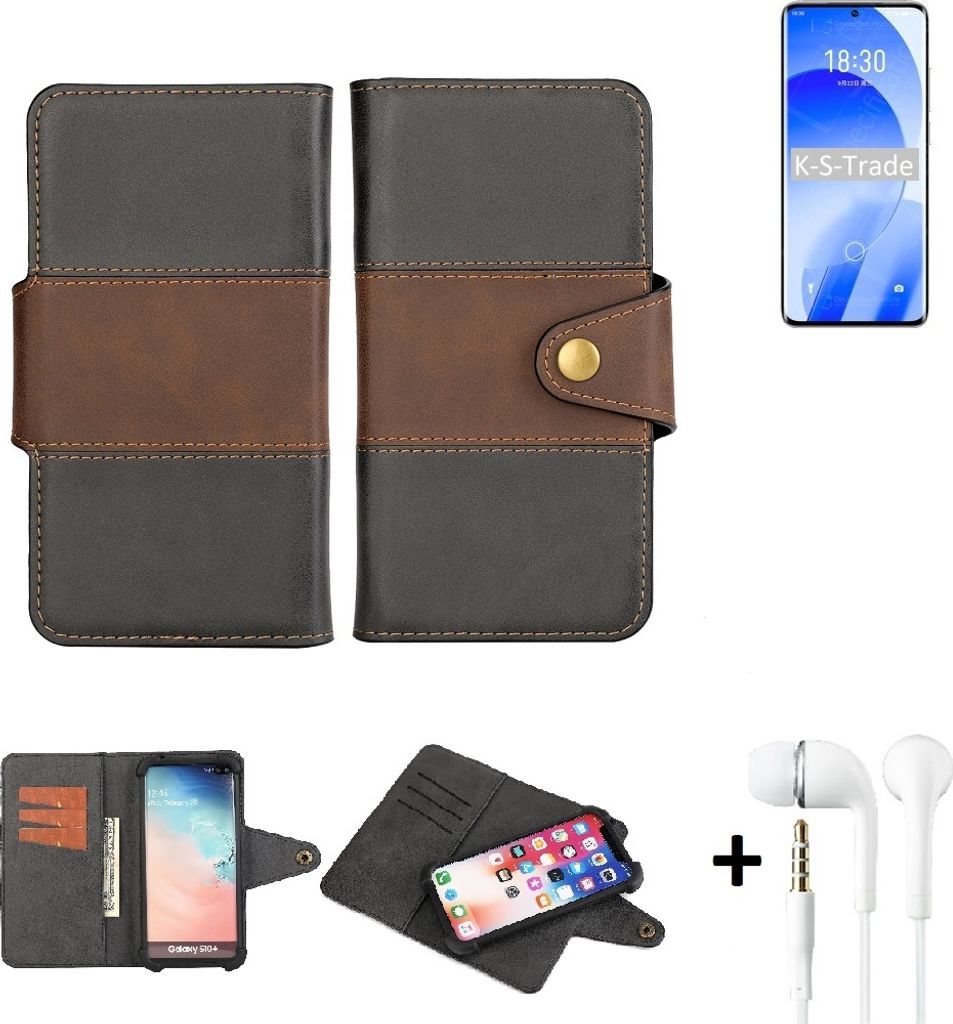 K-S-Trade Handyhülle Schutzhülle Bookstyle Wallet-Case kompatibel mit Meizu 18s + earphones Bumper rundumschutz schwarz-braun 1x