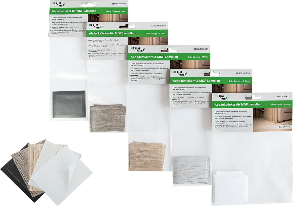 HEXIM 2,7m Lamellen MDF Holz - Lamellenwand Raumteiler Top Design Holzlamellen Wandverkleidung - (8 Stück - Abdecksticker White Edition) Sichtschu...