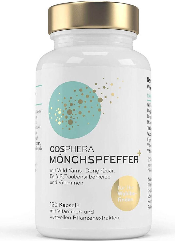 A white bottle of dietary supplements with a gold cap and a teal and gold circular graphic on the label.