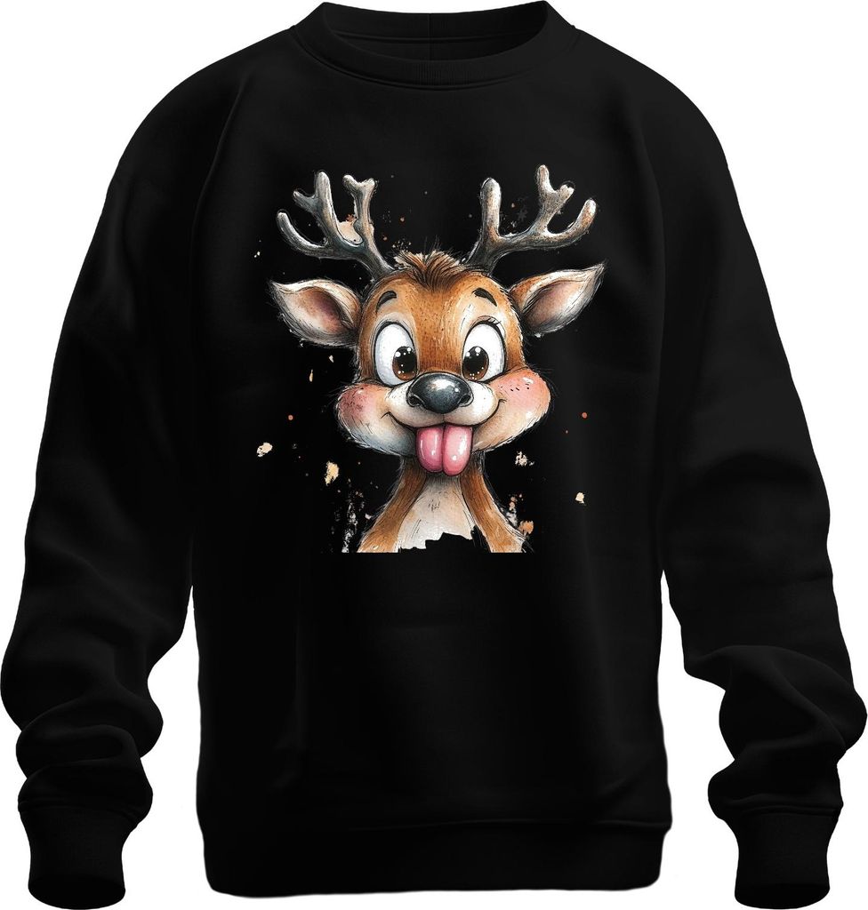 Süßes Rentier mit rausgestreckter Zunge Weihnachten Lustig Kids Uni Sweatshirt Pullover, Schwarz, 3XL