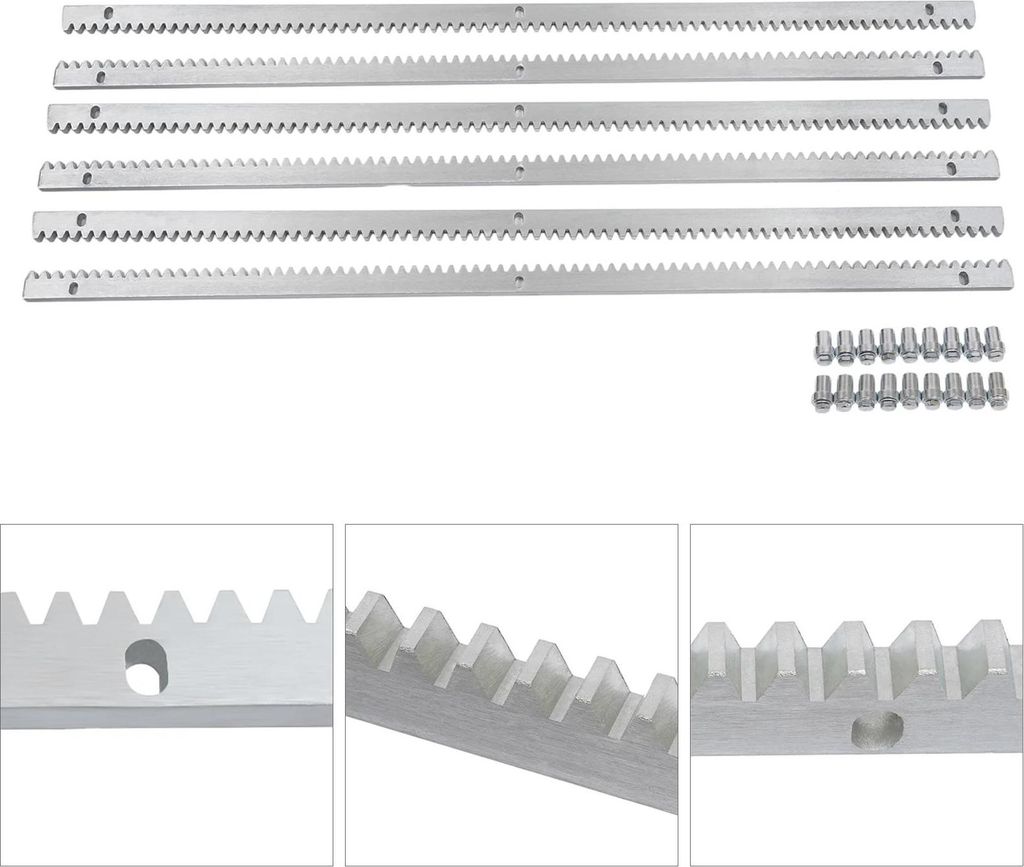 Zahnstange für Schiebetür - Zahnschiene Modul 4 - 6×1 m (6 m) - 12×30 mm - Verzinkter Stahl - Lochabstand 450 mm - Silber