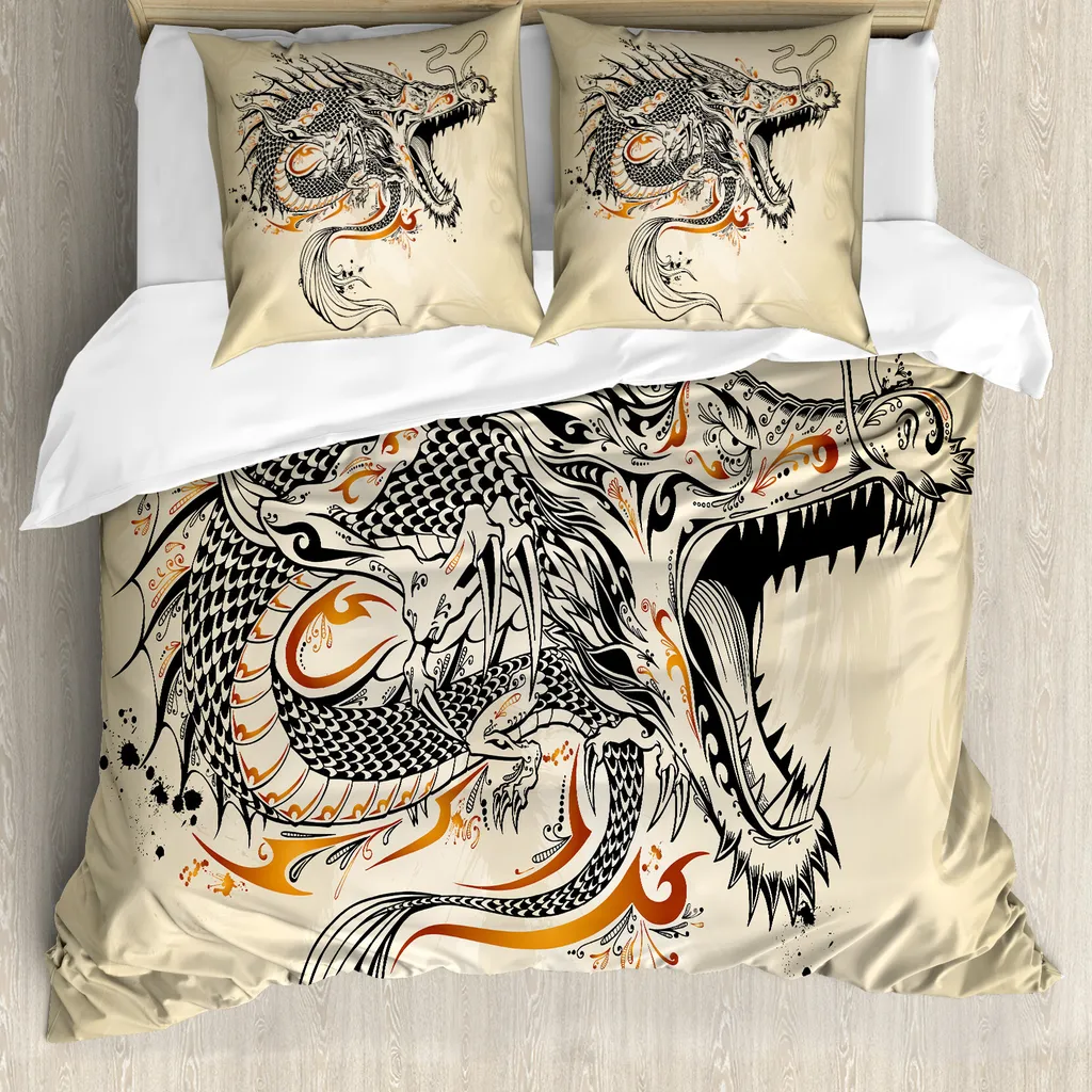 ABAKUHAUS Copripiumino giapponese con draghi, creature doodle, antiacaro, adatto a chi soffre di allergie, con federe, 155 cm x 220 cm - 80 x 80 cm, beige, zenzero, nero
