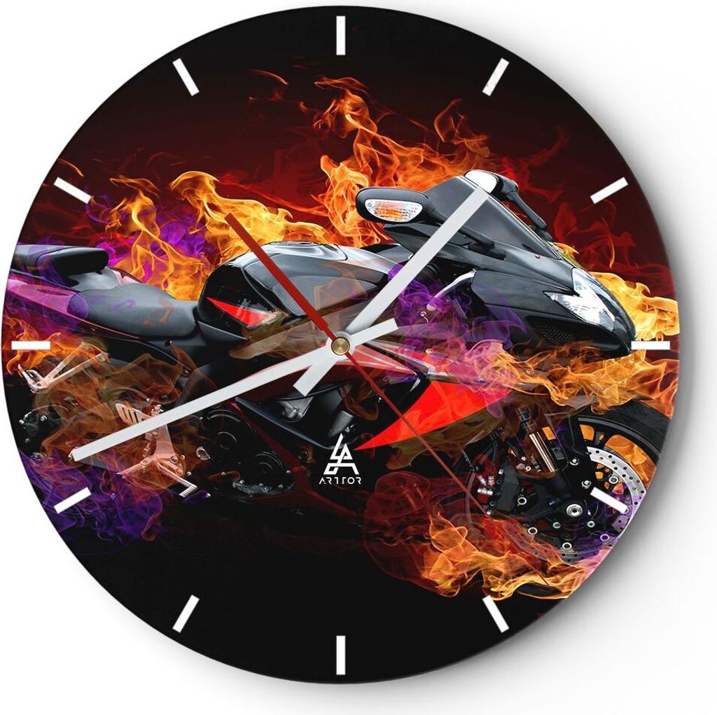 Wanduhr - Rund - Glasuhr - Motorrad Feuer Abstraktion - 40x40cm - Schleichendes Uhrwerk - Lautlos - zum Aufhängen bereit - Dekoration Modern - Wan...