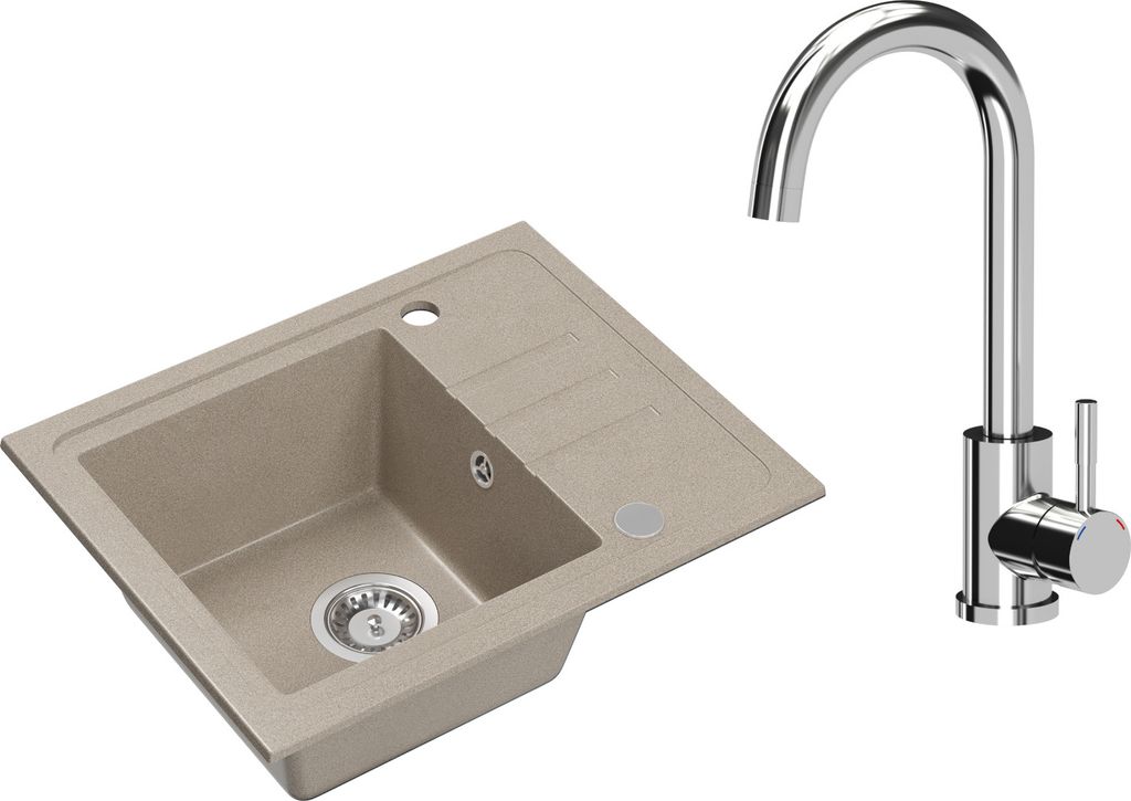 VBChome Spülbecken Granit Beige mit Armatur 55 x 44 cm Einzelbecken Einbauspüle Gesprenkelt Reversibel Granitspüle Siphon Waschbecken Armatur