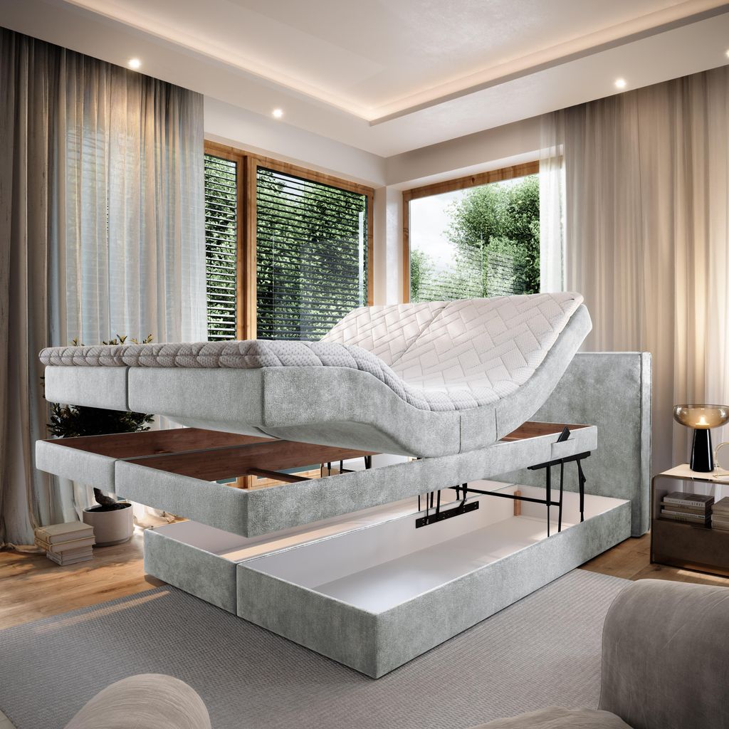TRADA Elektrish verstellbar Boxspringbett Positano 160x200 mit Bettkasten Taschenfederkern Matratze 9 Zonen Topper Grau