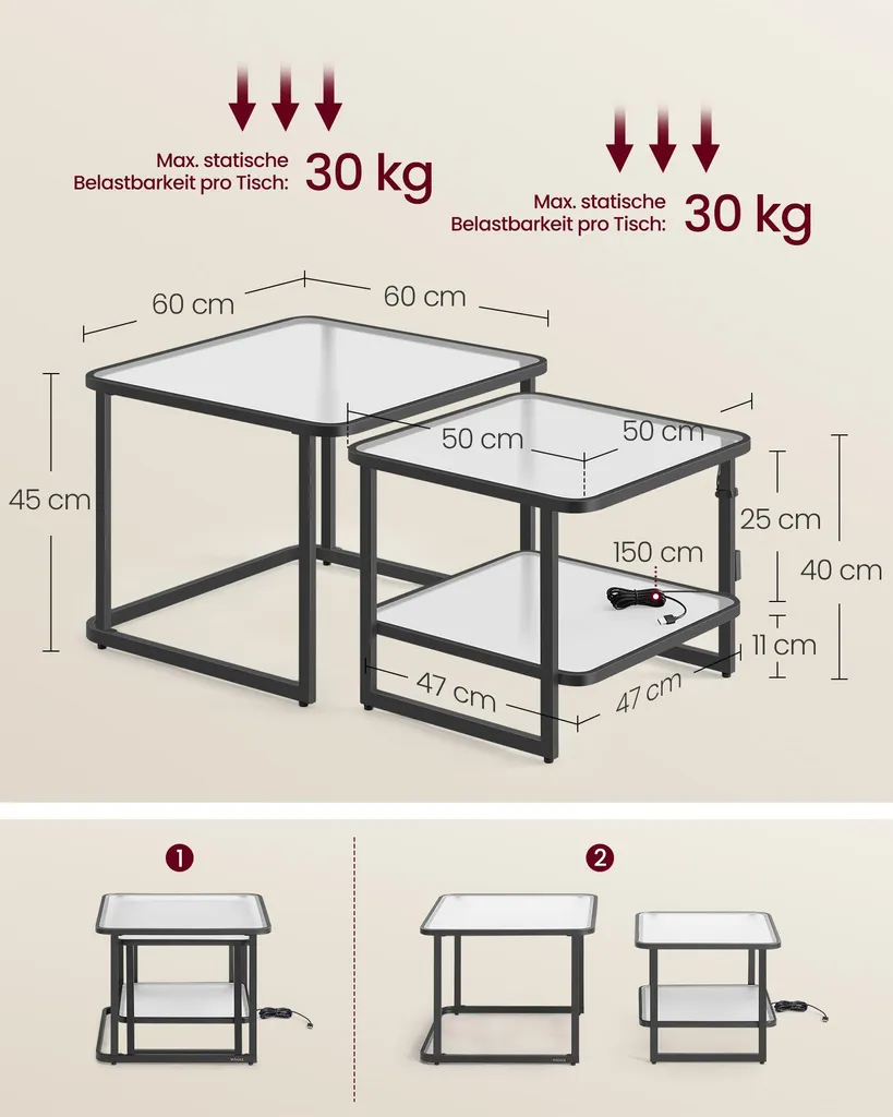 Table basse pour salon avec LED intégrées, lot de 2 tables modulables - 6