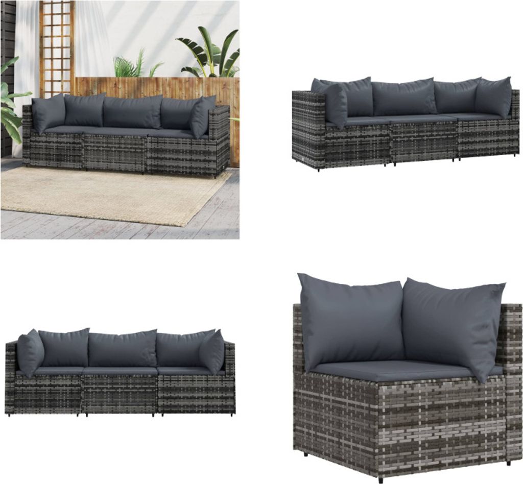 vidaXL 3 tlg. Garten Lounge Set mit Kissen Grau Poly Rattan - Garten Lounge Set - Garten Lounge Sets - Outdoor Lounge Set - Lounge Set Terrasse