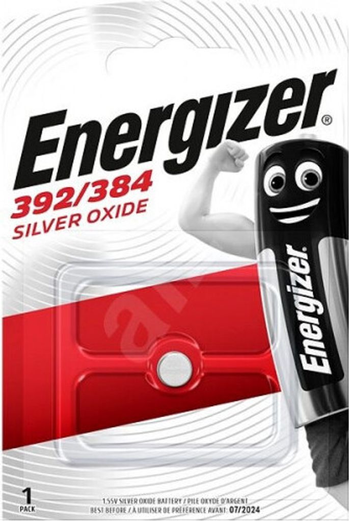 A retail package of Energizer 392/384 silver oxide batteries.