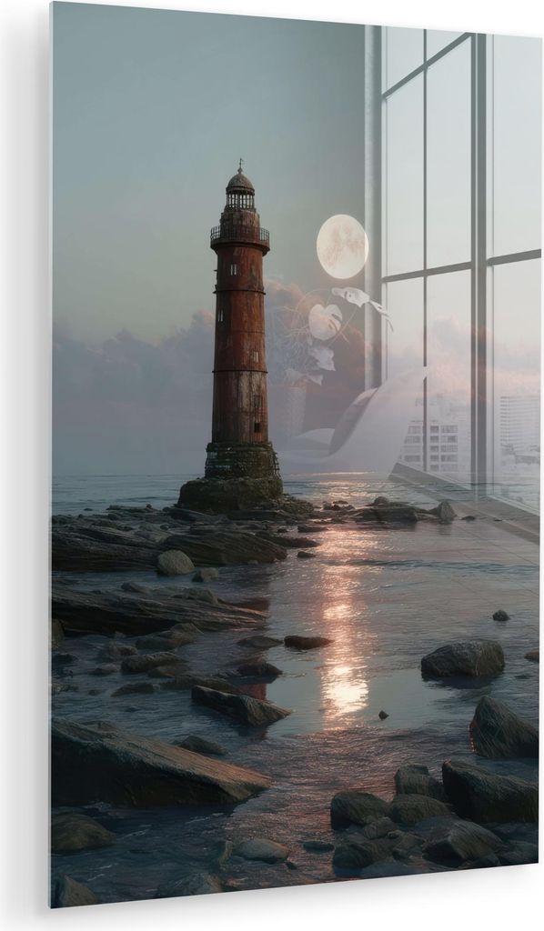 MuchoWow Glasbilder - Bilder auf Wandbild - Foto auf Glas Leuchtturm - Steine - Wasser - Mond 40x60 cm Wanddekoration aus Glas - Acrylglasbild - Ac...