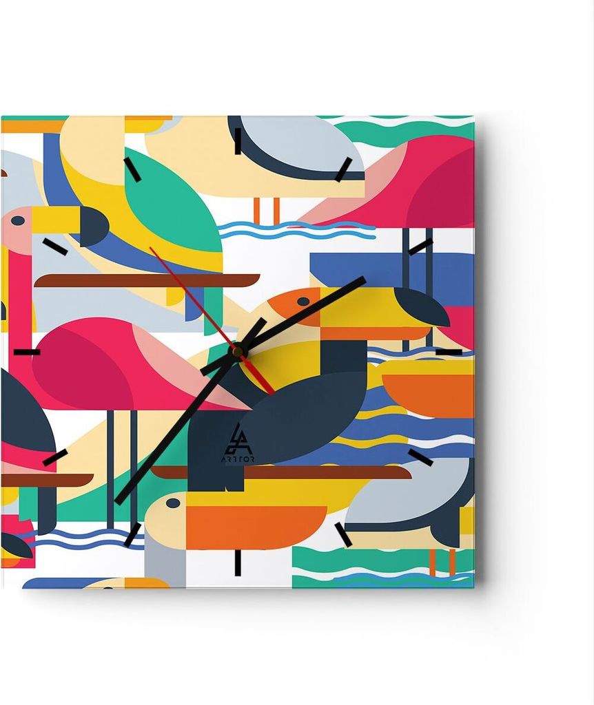 Wanduhr - Quadrat - Glasuhr - Vogel Abstraktion - 40x40cm - Schleichendes Uhrwerk - Lautlos - zum Aufhängen bereit - Dekoration Modern - Wanddekor...