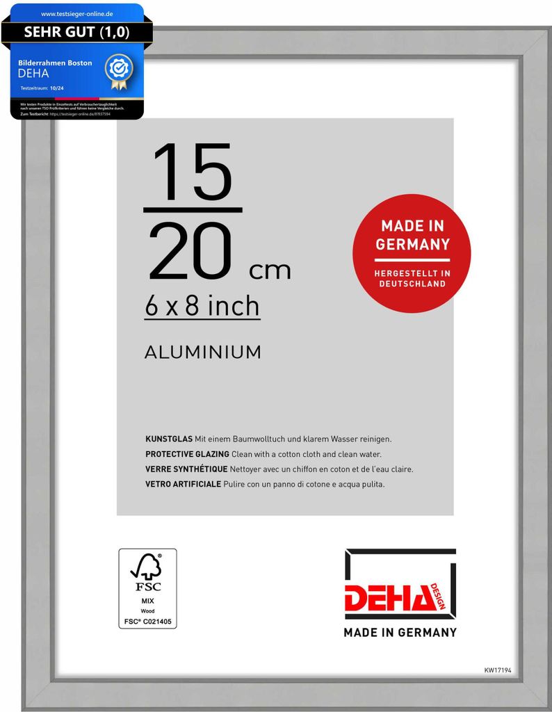 DEHA Design Aluminium Portraitrahmen, Bilderrahmen Boston, 15x20 cm, Silber Matt
