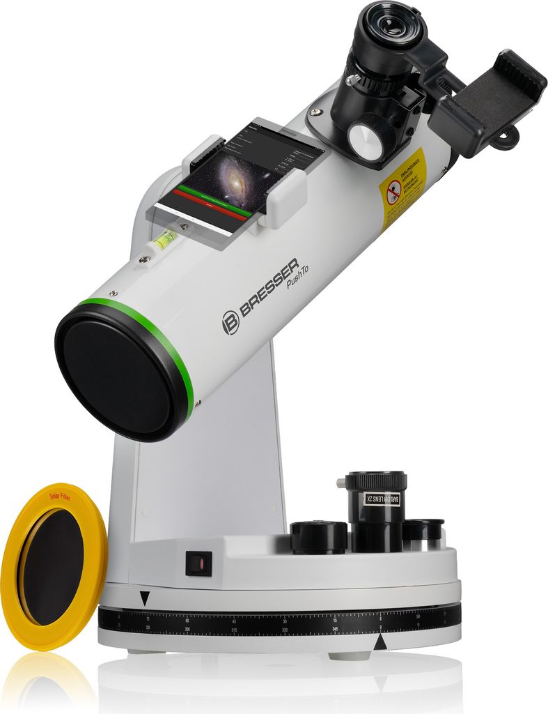 Bresser PushTo NT-76/350 Smart Teleskop für Android und Windows, 76mm Spiegelobjektiv, 350mm Brennweite, Bluetooth, Tischgerät mit Smartphone-Ada...
