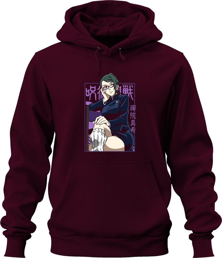 Maki Zenin Jujutsu Kaisen Anime Ästhetik Brille Kämpferin Geschenk Uni Hoodie Kapuzenpullover, Burgundy, 3XL