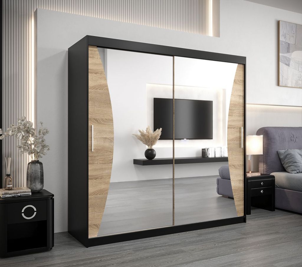 Kleiderschrank EMILIE – Breite 200 cm, schwarz/Sonoma-Eiche