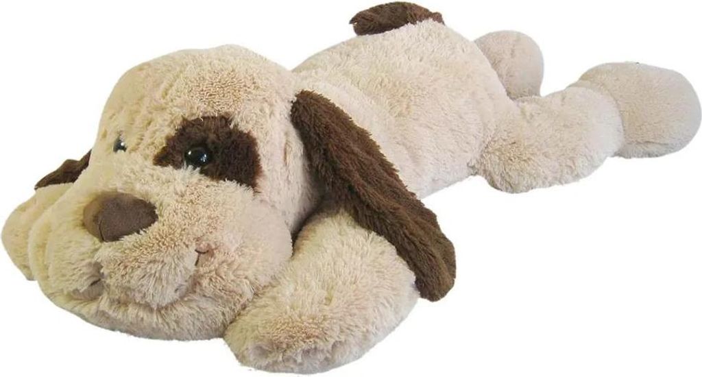 A plush toy dog lying down on a white background.