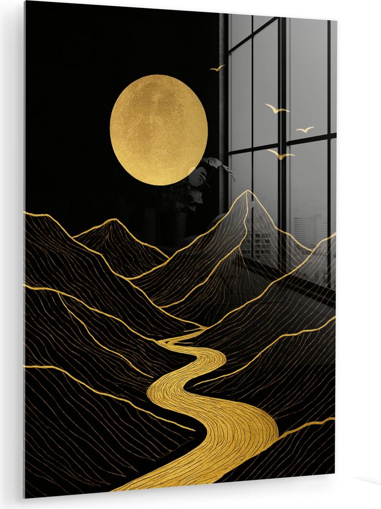 MuchoWow Glasbilder - Bilder auf Wandbild - Foto auf Glas Fluss - Gold - Mond - Vögel 30x40 cm Wanddekoration aus Glas - Acrylglasbild - Acrylbild...