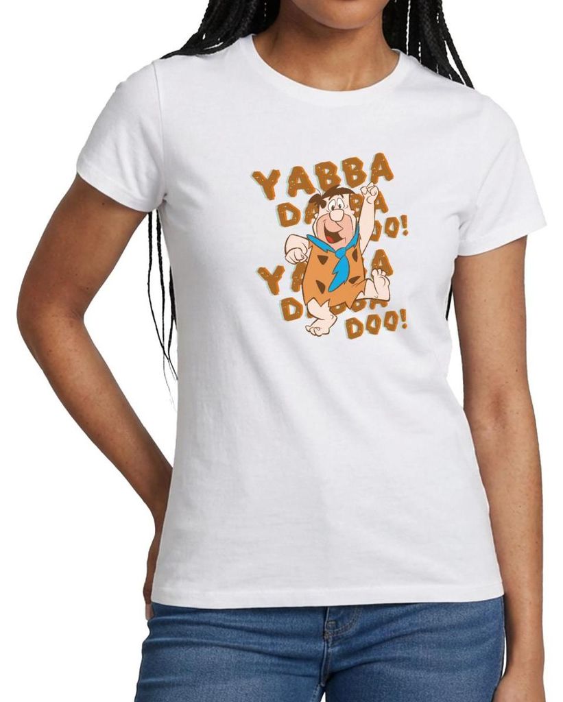 Spreadshirt The Flintstones Fred Feuerstein Yabba Dabba Doo Frauen T-Shirt, L, Weiß