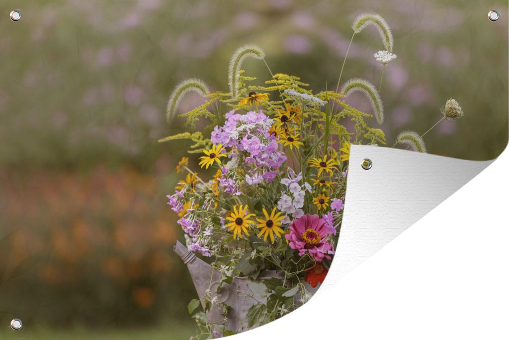 MuchoWow 120x80 cm Outdoor-Poster Gartendeko Sichtschutz Garten Poster für den Garten Blumen - Gießkanne - Farbe